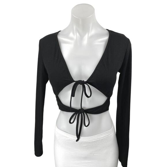 Princess Polly Black Ribbed Knit Long Sleeve Tie Front Cut Out Crop Top Size 6 - Picture 1 of 4